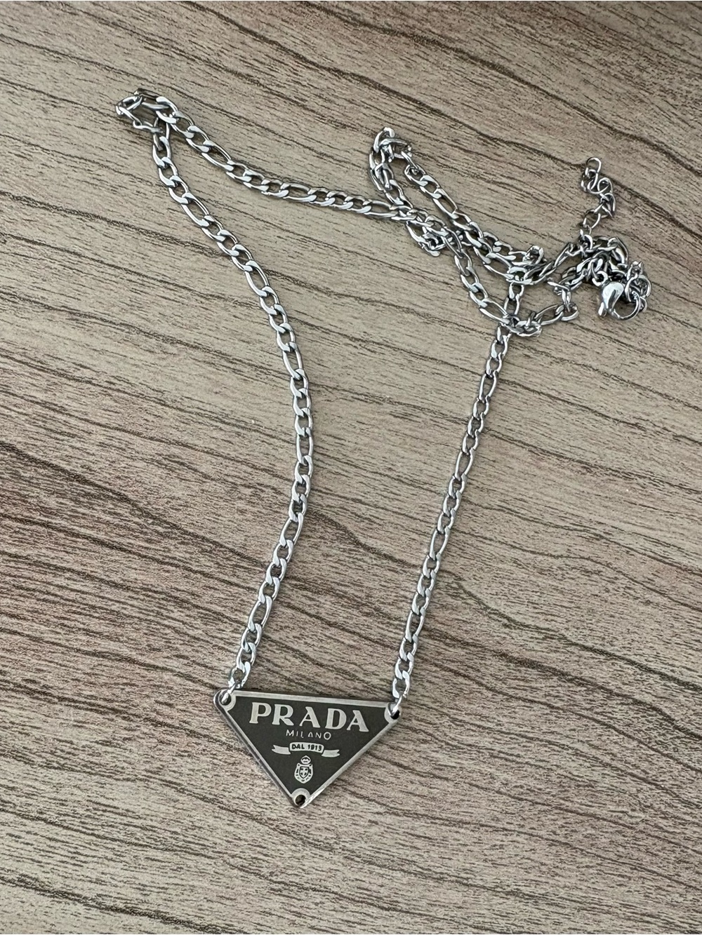 Prada Black and Silver Triangle Logo Necklace